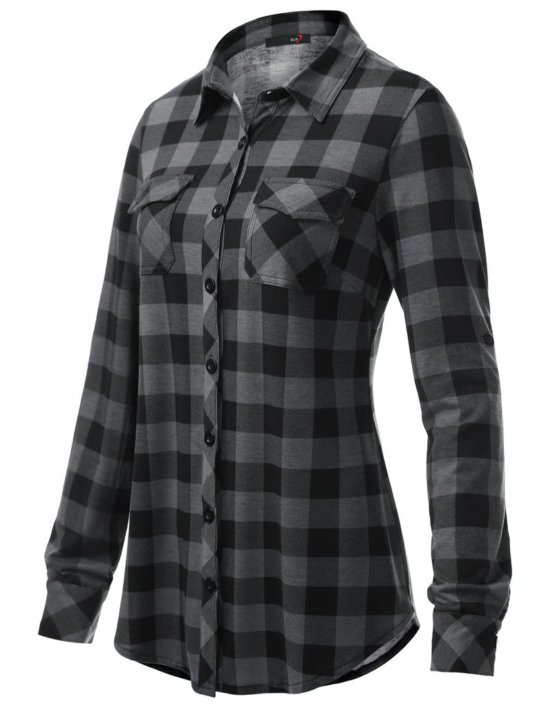 DJT Womens Soft Stretchy Knit Plaid Shirts Roll Up Long Sleeve Collared Button Down Blouses Tops Large Black Plaid - Image 3